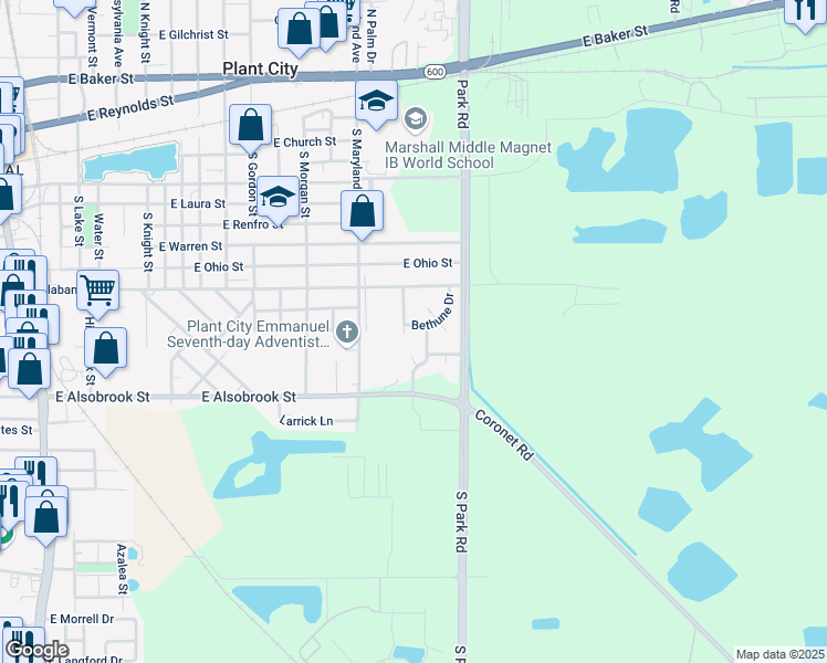 map of restaurants, bars, coffee shops, grocery stores, and more near 1803 Bethune Drive in Plant City