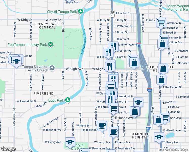 map of restaurants, bars, coffee shops, grocery stores, and more near 211 West Hiawatha Street in Tampa