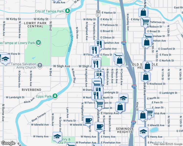 map of restaurants, bars, coffee shops, grocery stores, and more near 117 West Hiawatha Street in Tampa