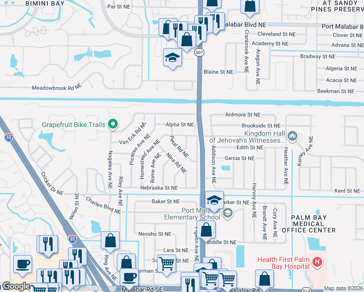 map of restaurants, bars, coffee shops, grocery stores, and more near 503 Petal Road Northeast in Palm Bay