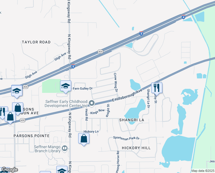 map of restaurants, bars, coffee shops, grocery stores, and more near 419 Fern Gulley Drive in Seffner