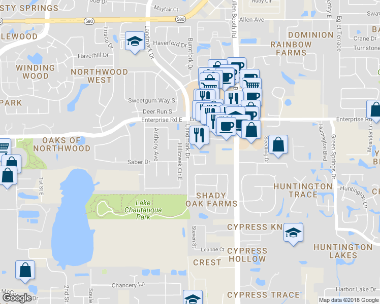 map of restaurants, bars, coffee shops, grocery stores, and more near 3000 Oakbrook Circle in Clearwater