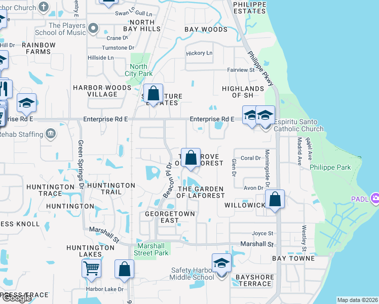 map of restaurants, bars, coffee shops, grocery stores, and more near 1708 Country Trails Drive in Safety Harbor