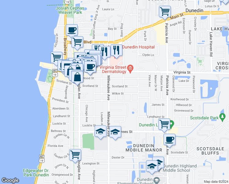map of restaurants, bars, coffee shops, grocery stores, and more near 622 Wilkie Street in Dunedin