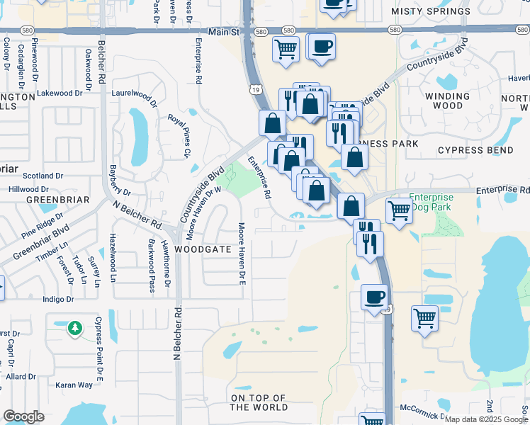 map of restaurants, bars, coffee shops, grocery stores, and more near 2462 Enterprise Road in Clearwater