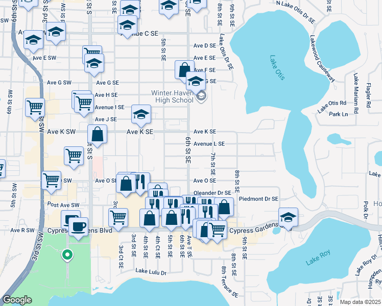 map of restaurants, bars, coffee shops, grocery stores, and more near 615 Avenue M Southeast in Winter Haven