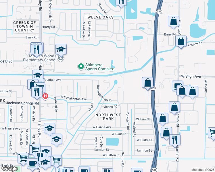map of restaurants, bars, coffee shops, grocery stores, and more near 6724 Forrestvale Lane in Tampa