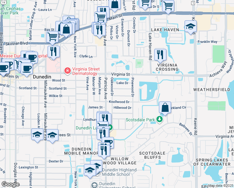 map of restaurants, bars, coffee shops, grocery stores, and more near 689 Oakwood Drive in Dunedin