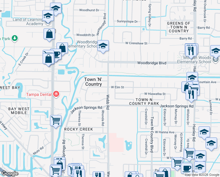 map of restaurants, bars, coffee shops, grocery stores, and more near 6709 Webb Road in Tampa