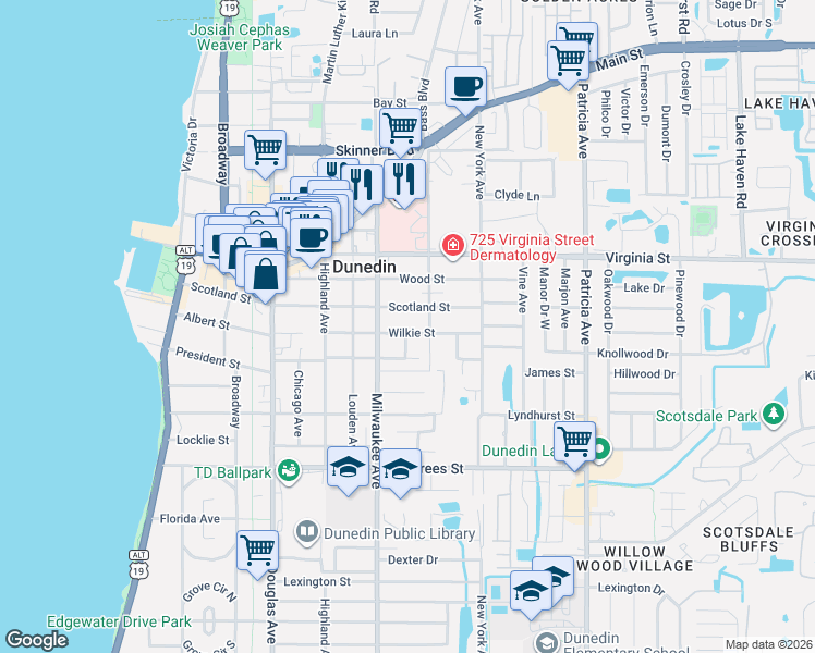 map of restaurants, bars, coffee shops, grocery stores, and more near 652 Wilkie Street in Dunedin