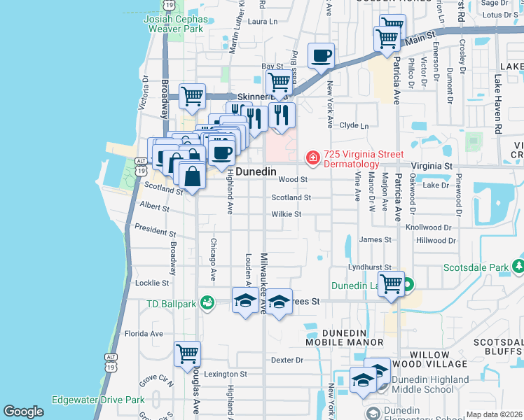 map of restaurants, bars, coffee shops, grocery stores, and more near 600 Wilkie Street in Dunedin