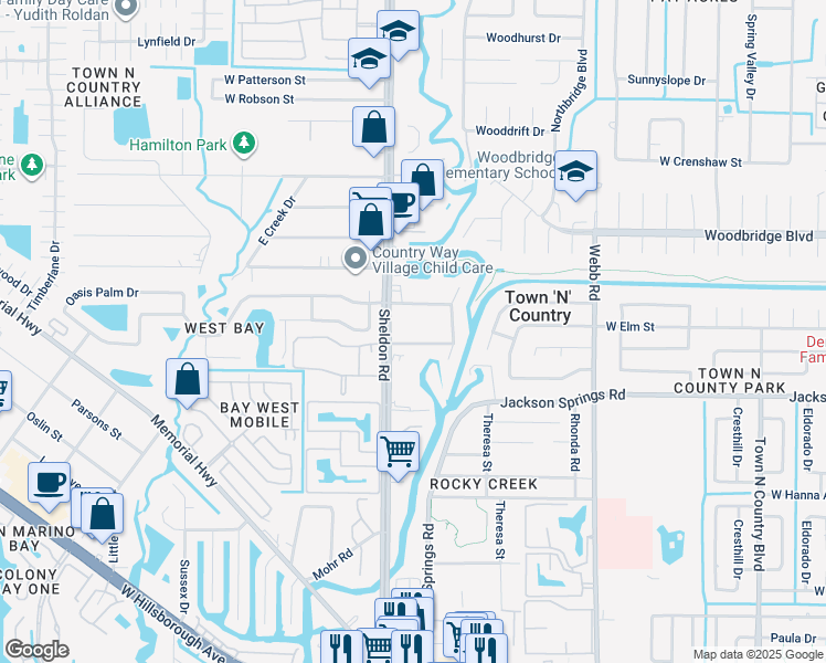 map of restaurants, bars, coffee shops, grocery stores, and more near 8717 Mayflower Road in Tampa