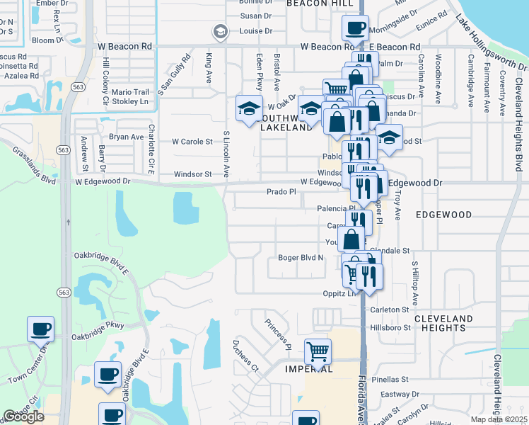map of restaurants, bars, coffee shops, grocery stores, and more near 552 Palencia Place in Lakeland