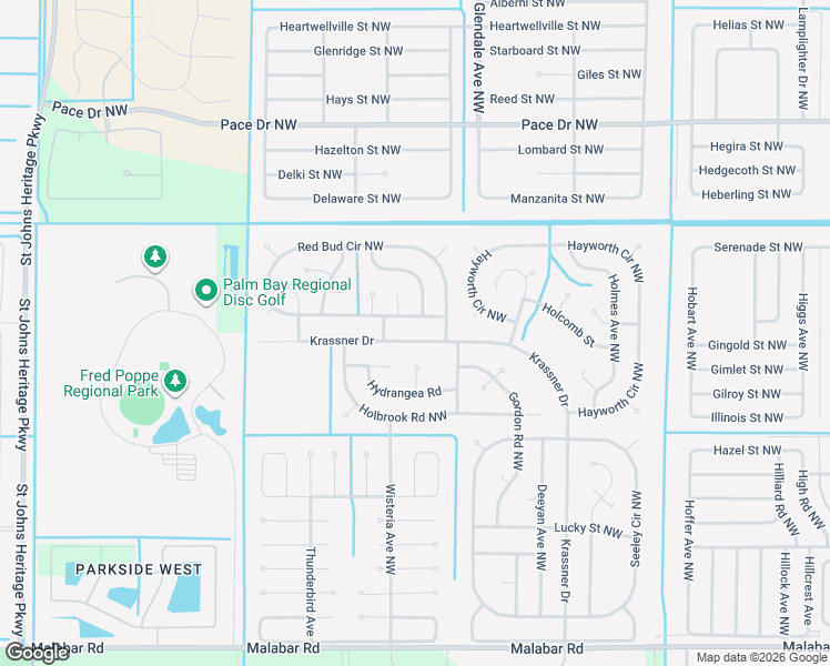 map of restaurants, bars, coffee shops, grocery stores, and more near 477 Krassner Drive in Palm Bay