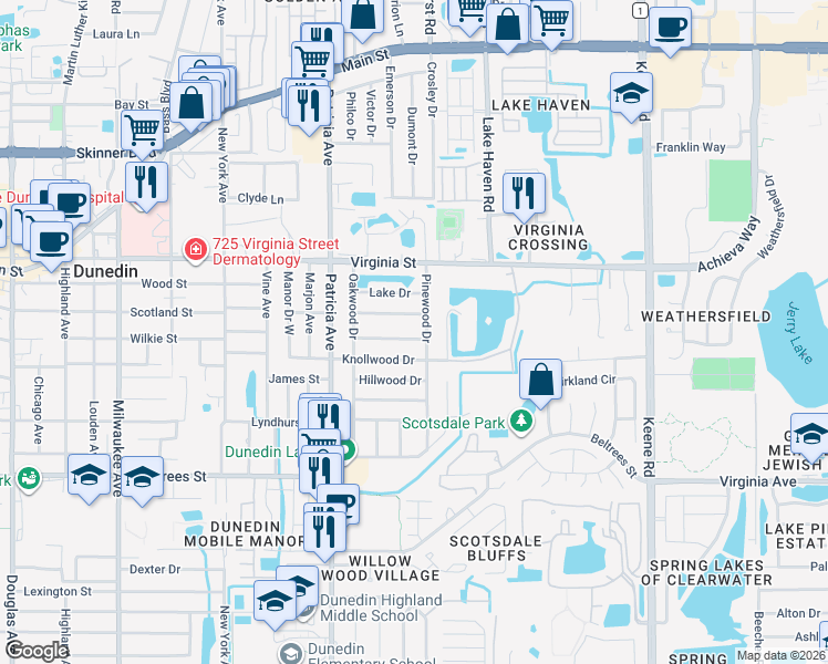map of restaurants, bars, coffee shops, grocery stores, and more near 960 Parkwood Drive in Dunedin