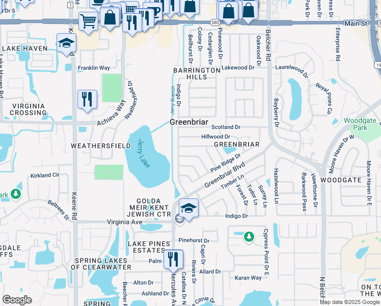 map of restaurants, bars, coffee shops, grocery stores, and more near 2026 High Ridge Drive in Clearwater