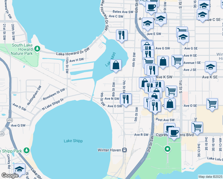 map of restaurants, bars, coffee shops, grocery stores, and more near 805 Avenue M Southwest in Winter Haven