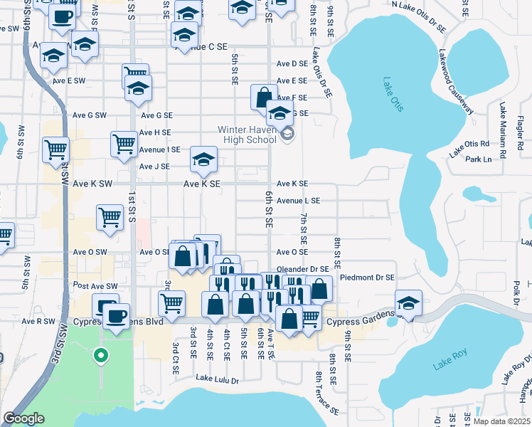 map of restaurants, bars, coffee shops, grocery stores, and more near 615 Avenue M Southeast in Winter Haven