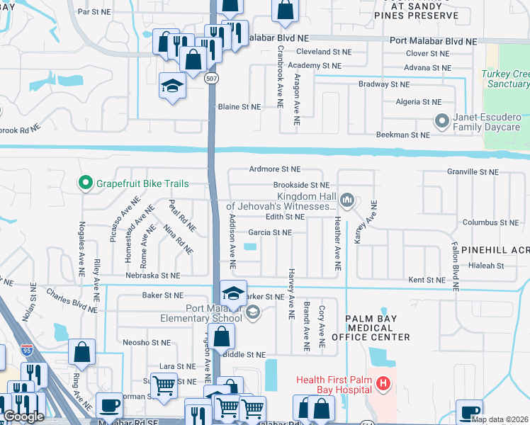 map of restaurants, bars, coffee shops, grocery stores, and more near 1807 Edith Street Northeast in Palm Bay