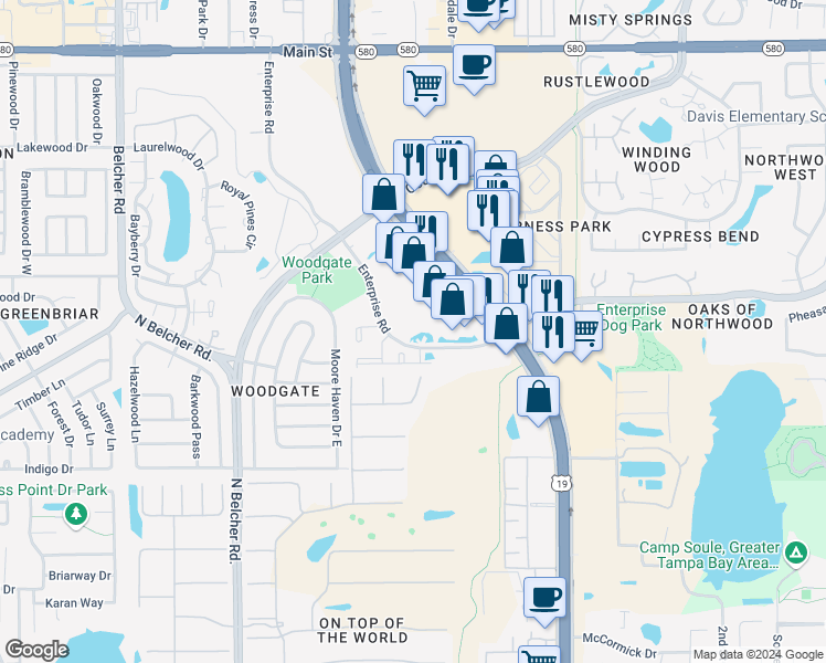 map of restaurants, bars, coffee shops, grocery stores, and more near 2451 Enterprise Road in Clearwater