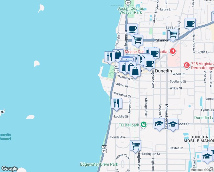 map of restaurants, bars, coffee shops, grocery stores, and more near 620 Edgewater Drive in Dunedin