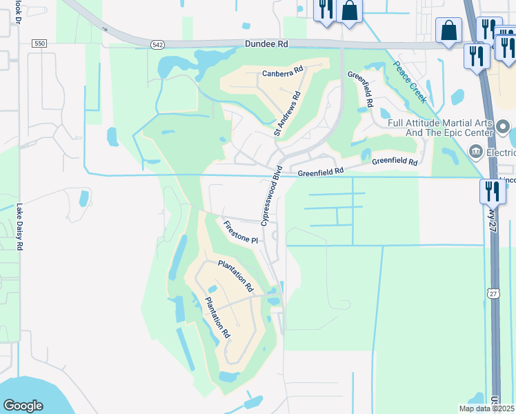 map of restaurants, bars, coffee shops, grocery stores, and more near 1407 Eagle Pond Drive in Winter Haven