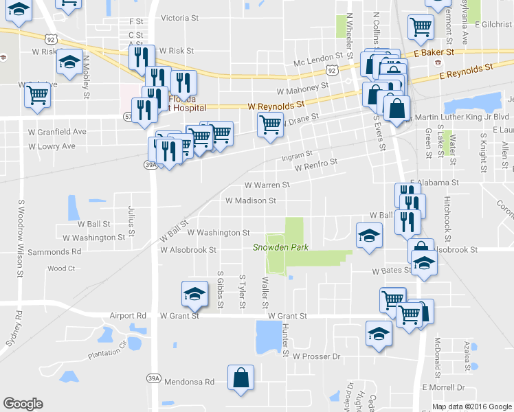 map of restaurants, bars, coffee shops, grocery stores, and more near 609 Waller Street in Plant City