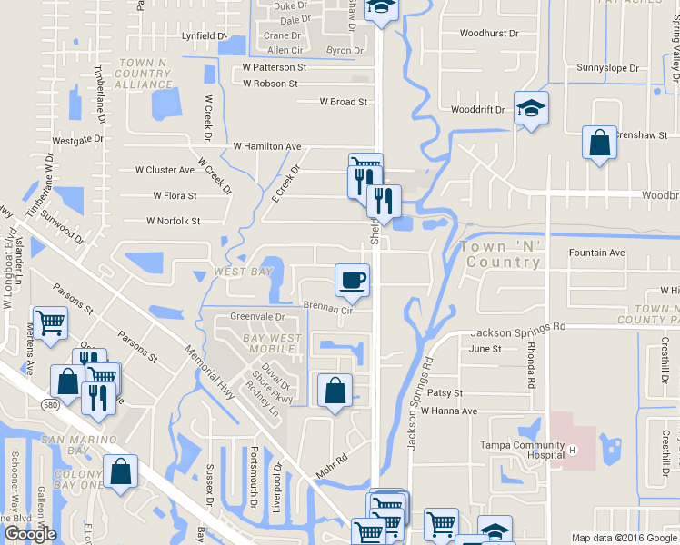 map of restaurants, bars, coffee shops, grocery stores, and more near 8812 Brennan Circle in Town 'n' Country