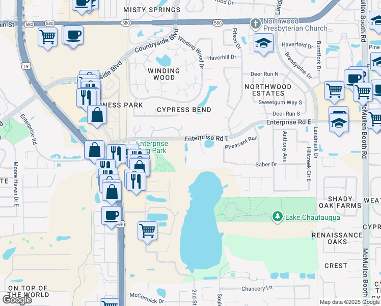 map of restaurants, bars, coffee shops, grocery stores, and more near 2745 Enterprise Road East in Clearwater