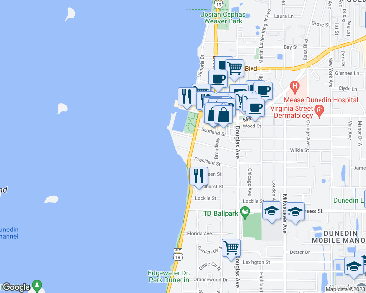 map of restaurants, bars, coffee shops, grocery stores, and more near 600 Edgewater Drive in Dunedin