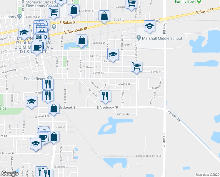 map of restaurants, bars, coffee shops, grocery stores, and more near 616 South Gordon Street in Plant City