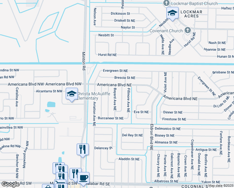 map of restaurants, bars, coffee shops, grocery stores, and more near 459 Filbert Avenue Northeast in Palm Bay