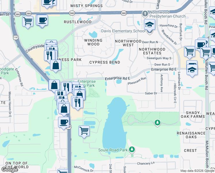 map of restaurants, bars, coffee shops, grocery stores, and more near 2745 Enterprise Road East in Clearwater
