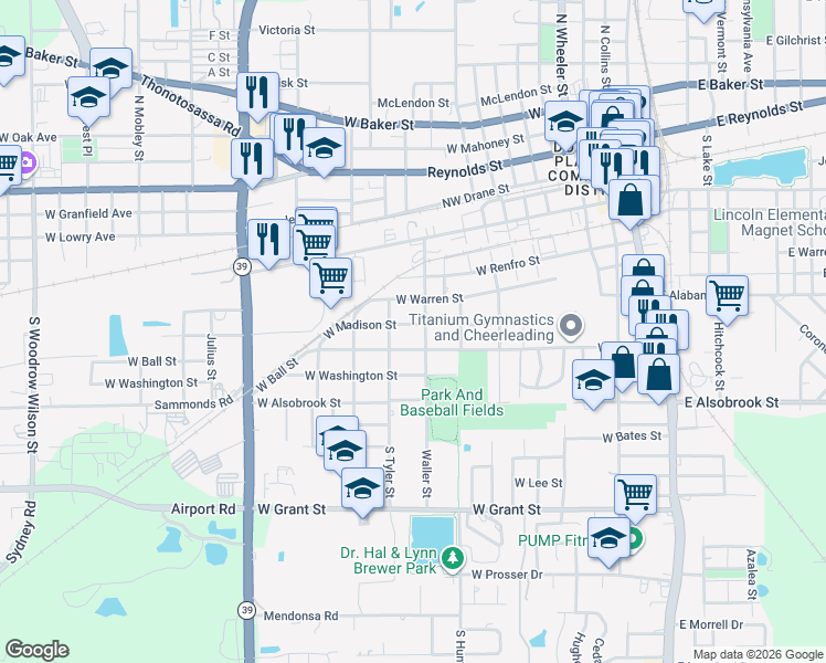 map of restaurants, bars, coffee shops, grocery stores, and more near 905 West Madison Street in Plant City