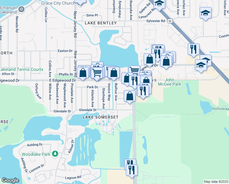 map of restaurants, bars, coffee shops, grocery stores, and more near 2917 Balfour Avenue in Lakeland