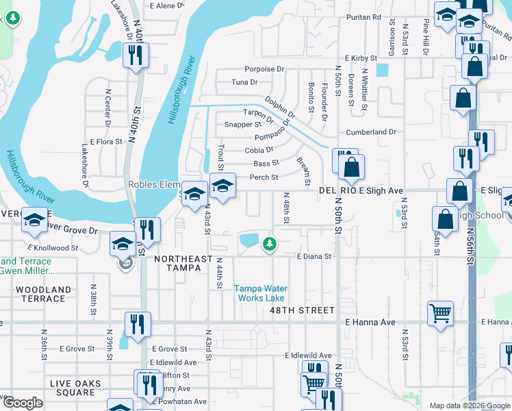 map of restaurants, bars, coffee shops, grocery stores, and more near 4424 Lurline Circle in Tampa