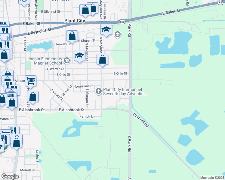 map of restaurants, bars, coffee shops, grocery stores, and more near 701 Wiggins Court in Plant City
