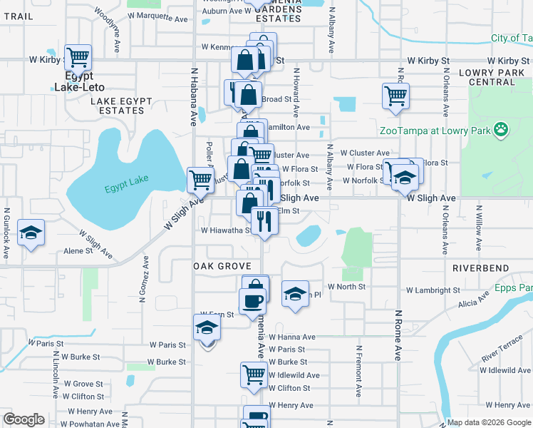 map of restaurants, bars, coffee shops, grocery stores, and more near 2137 West Hiawatha Street in Tampa