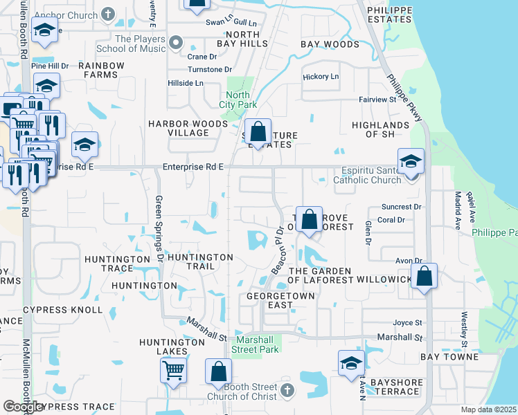 map of restaurants, bars, coffee shops, grocery stores, and more near 2364 Newburg Lane in Safety Harbor