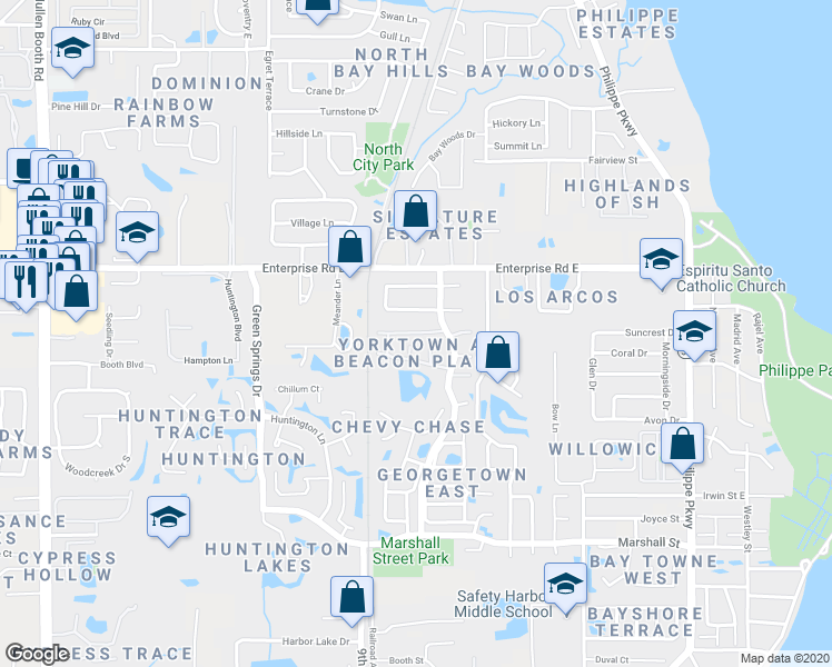 map of restaurants, bars, coffee shops, grocery stores, and more near 2364 Newburg Lane in Safety Harbor