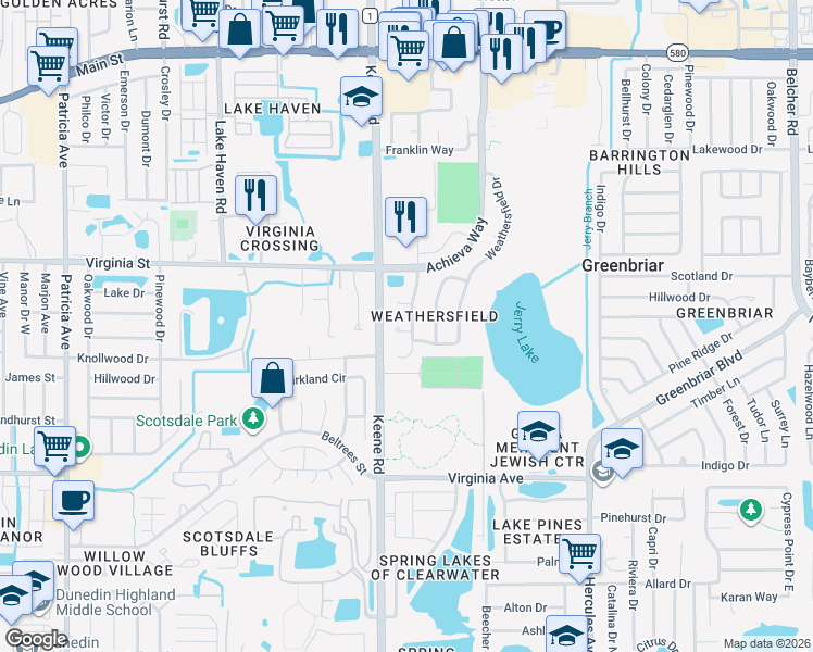 map of restaurants, bars, coffee shops, grocery stores, and more near 1523 Putnam Court in Dunedin