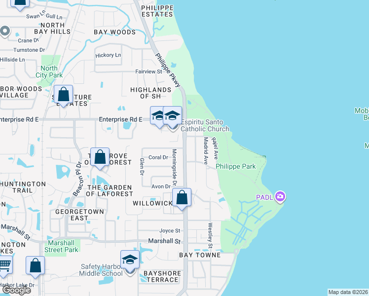 map of restaurants, bars, coffee shops, grocery stores, and more near 1 Suncrest Drive in Safety Harbor