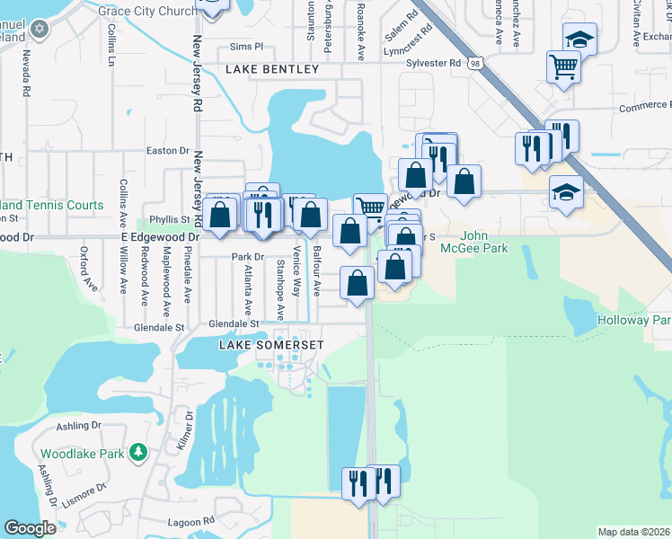 map of restaurants, bars, coffee shops, grocery stores, and more near 1922 Alexander Drive in Lakeland