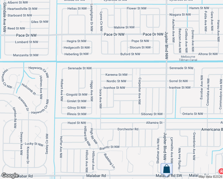 map of restaurants, bars, coffee shops, grocery stores, and more near 476 Iroquois Avenue Northwest in Palm Bay