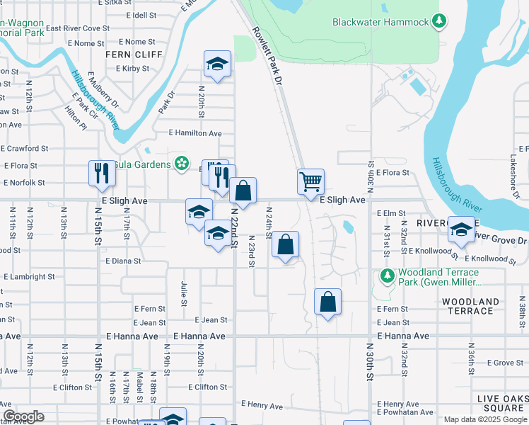 map of restaurants, bars, coffee shops, grocery stores, and more near 2301 East Sligh Avenue in Tampa