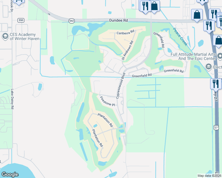 map of restaurants, bars, coffee shops, grocery stores, and more near 1407 Eagle Pond Drive in Winter Haven