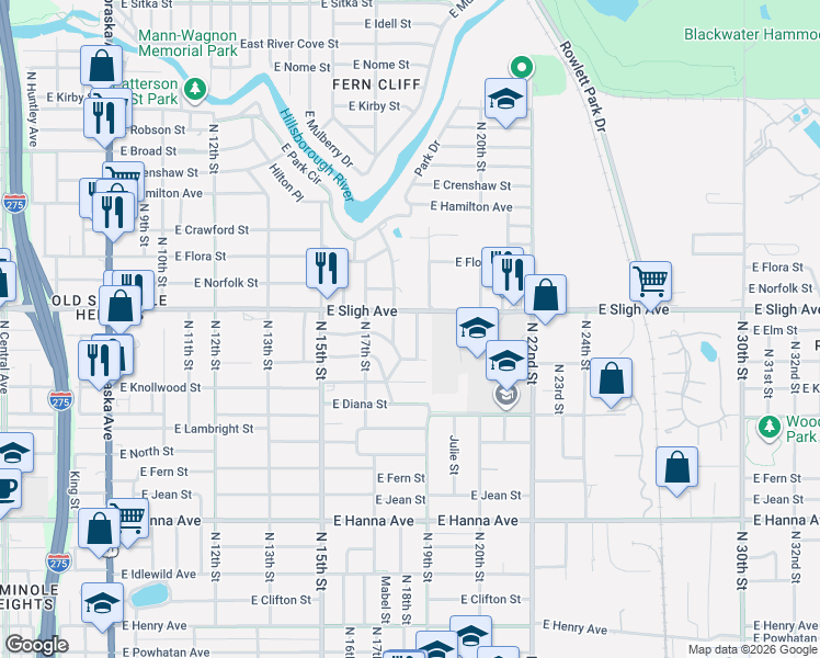 map of restaurants, bars, coffee shops, grocery stores, and more near 6807 North 18th Street in Tampa