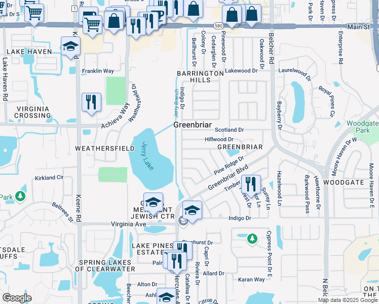 map of restaurants, bars, coffee shops, grocery stores, and more near 2026 High Ridge Drive in Clearwater