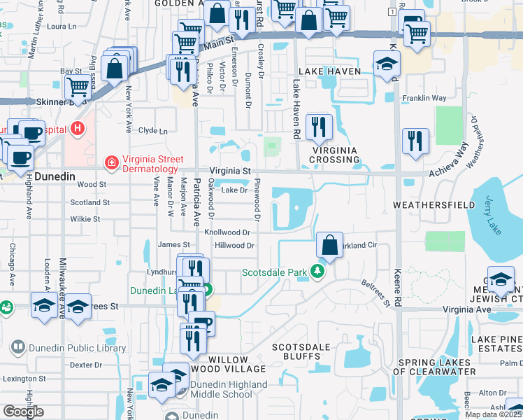 map of restaurants, bars, coffee shops, grocery stores, and more near 717 Pinewood Drive in Dunedin