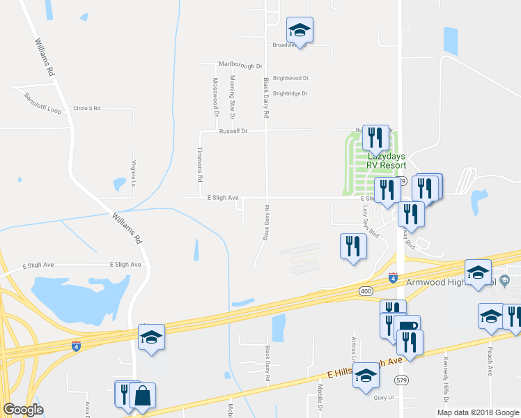 map of restaurants, bars, coffee shops, grocery stores, and more near 6156 Black Dairy Road in Seffner